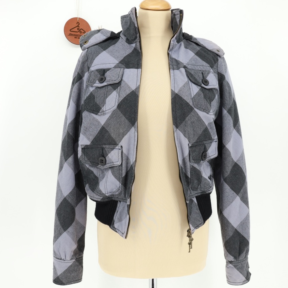 Roxy Gray Checkered Bomber Jacket Size Medium - image 4